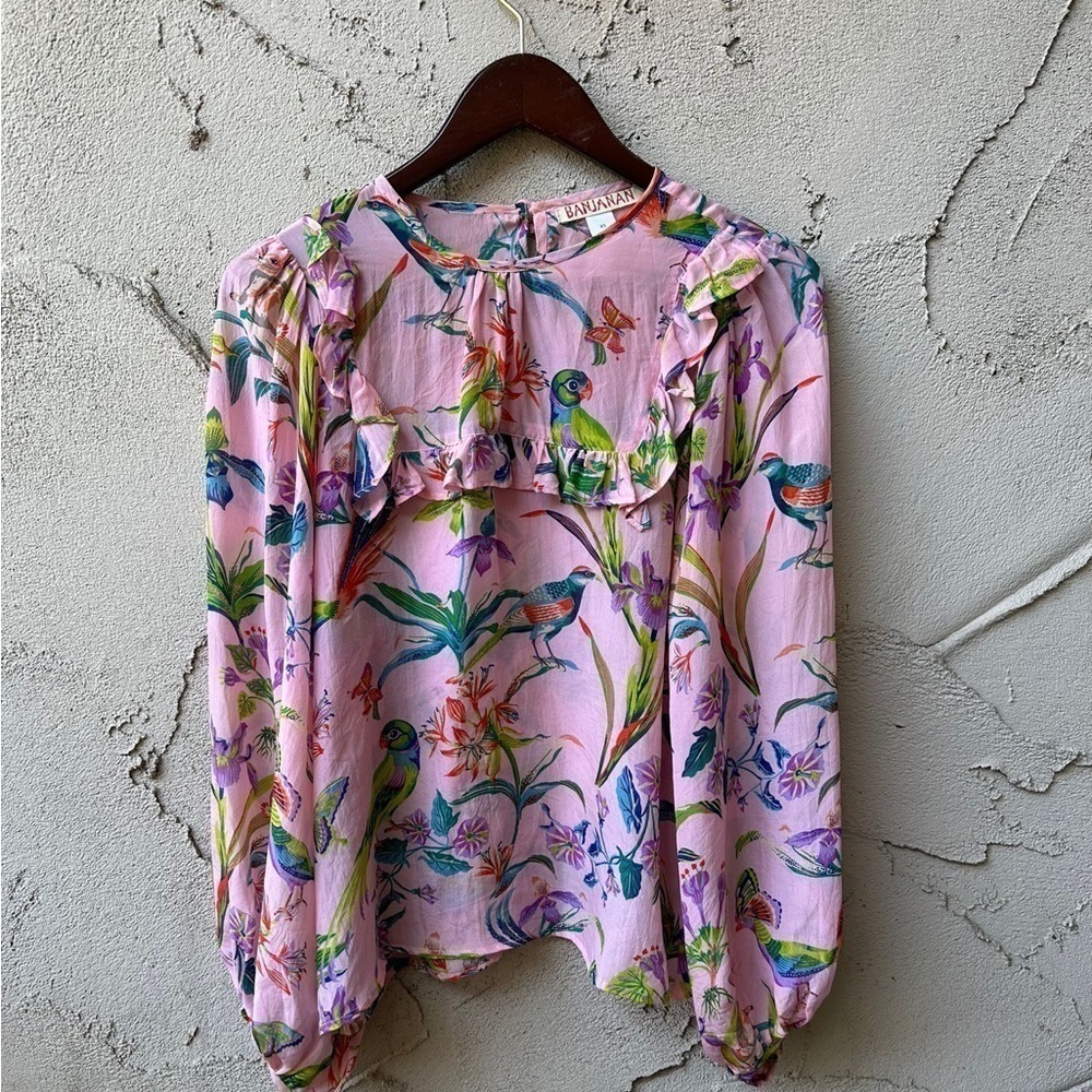 Banjanan Angela Orchid Garden Silk Floral Blouse Size XS
